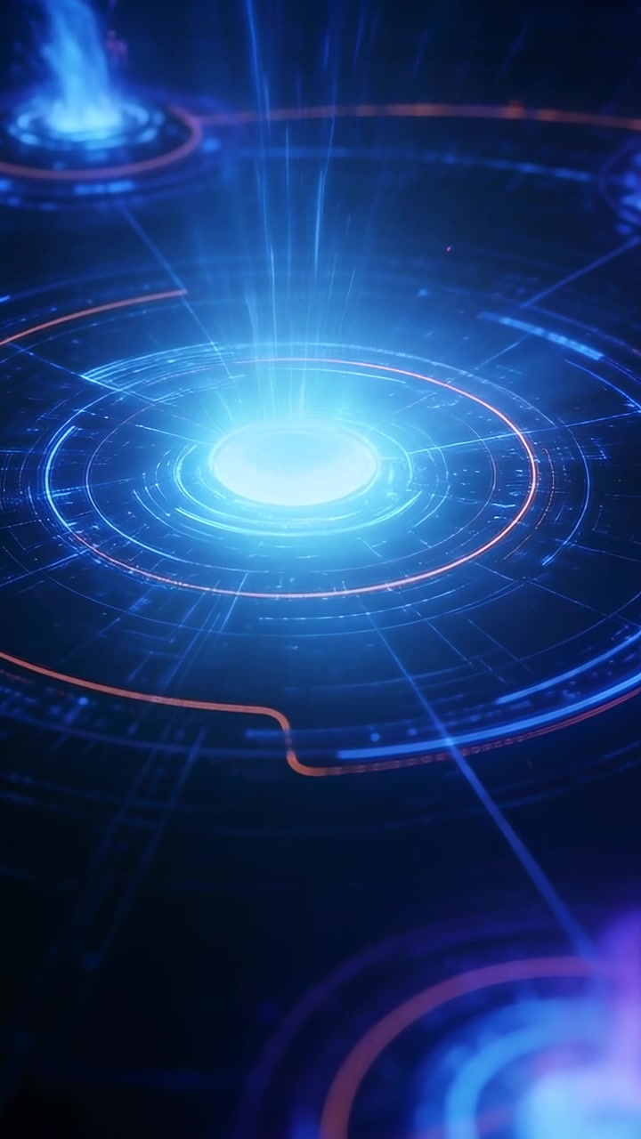 Vertical video: Pulsing holo core glowing from surge on dark grid, driving orange arc, blue nodes