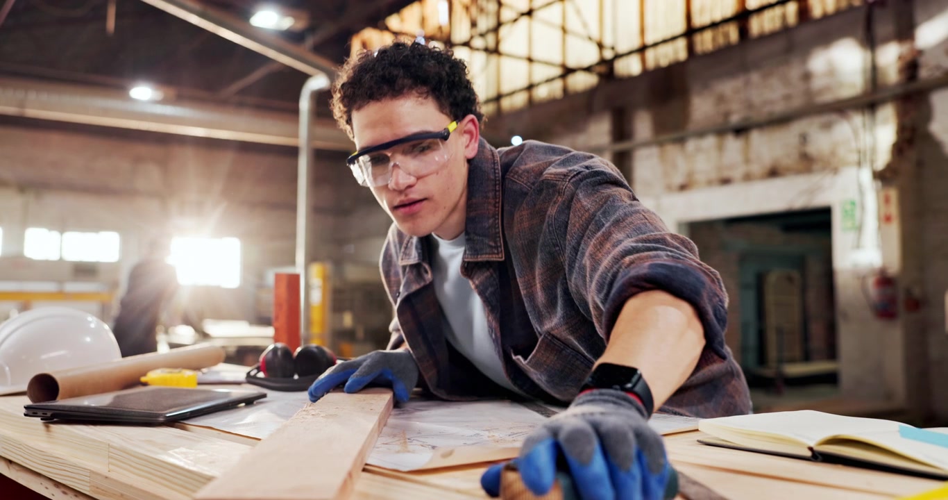 Young Carpenter Sanding Wood in a Workshop