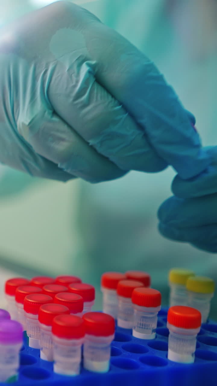 Laboratory worker in protective gloves is checking test tubes. Vials with liquid with colorful covers on a support in a laboratory. Vertical video