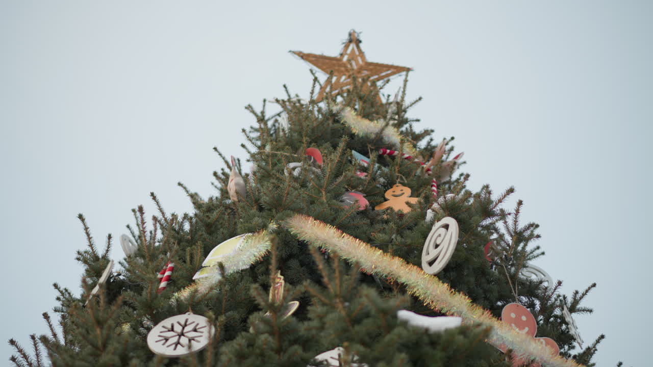 장식품, 틴셀, 손으로 만든 장식품으로 장식된 아름답게 장식된 축제 나무의 위쪽 전망. 빛나는 황금색 별이 울창한 녹색 가지 꼭대기에 앉아 있습니다.