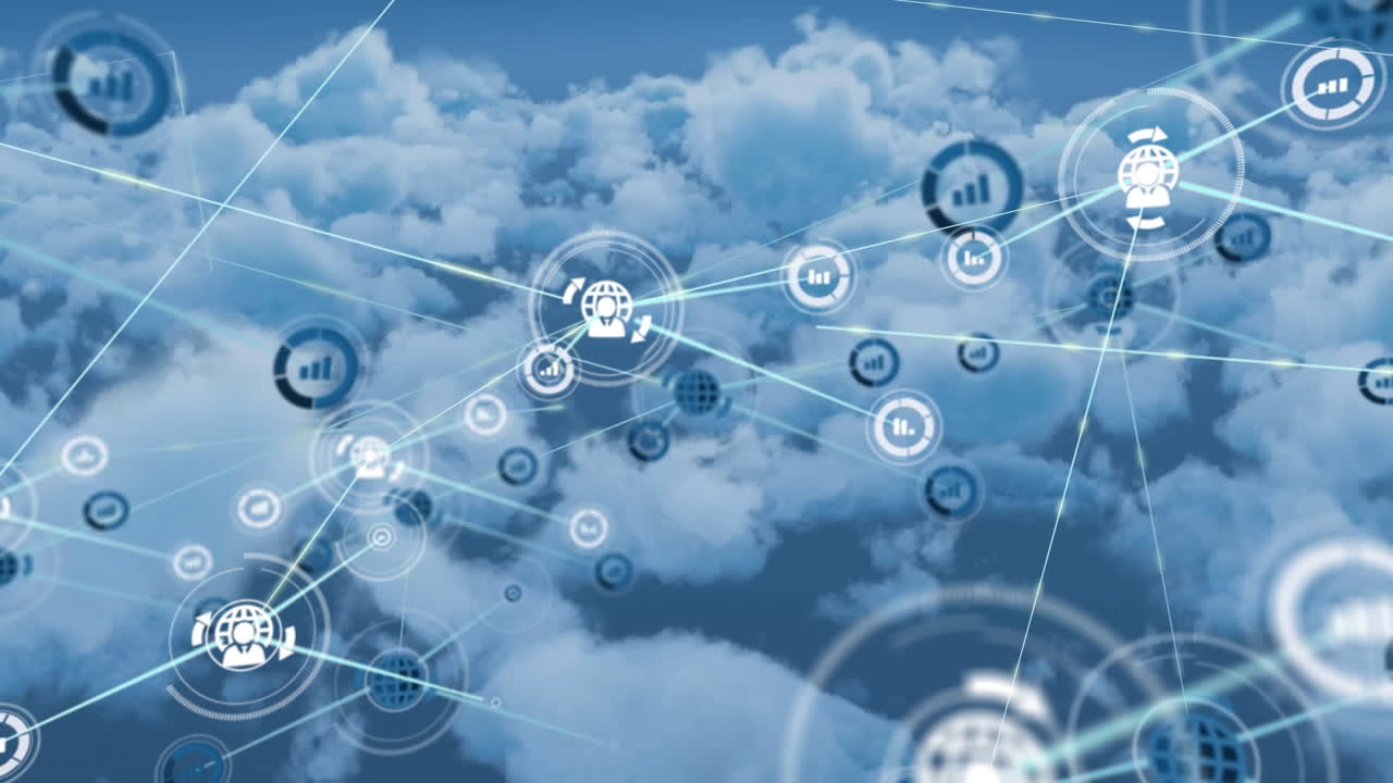Animation of network of digital icons over clouds in the blue sky