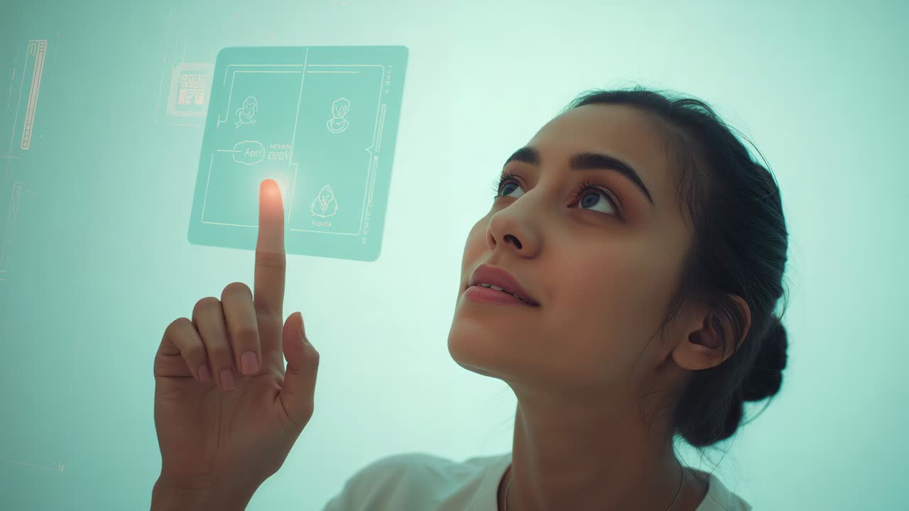 Donna che reagisce alla luce toccando un pannello olografico in un laboratorio, indossa una maglietta bianca, spazio per il testo