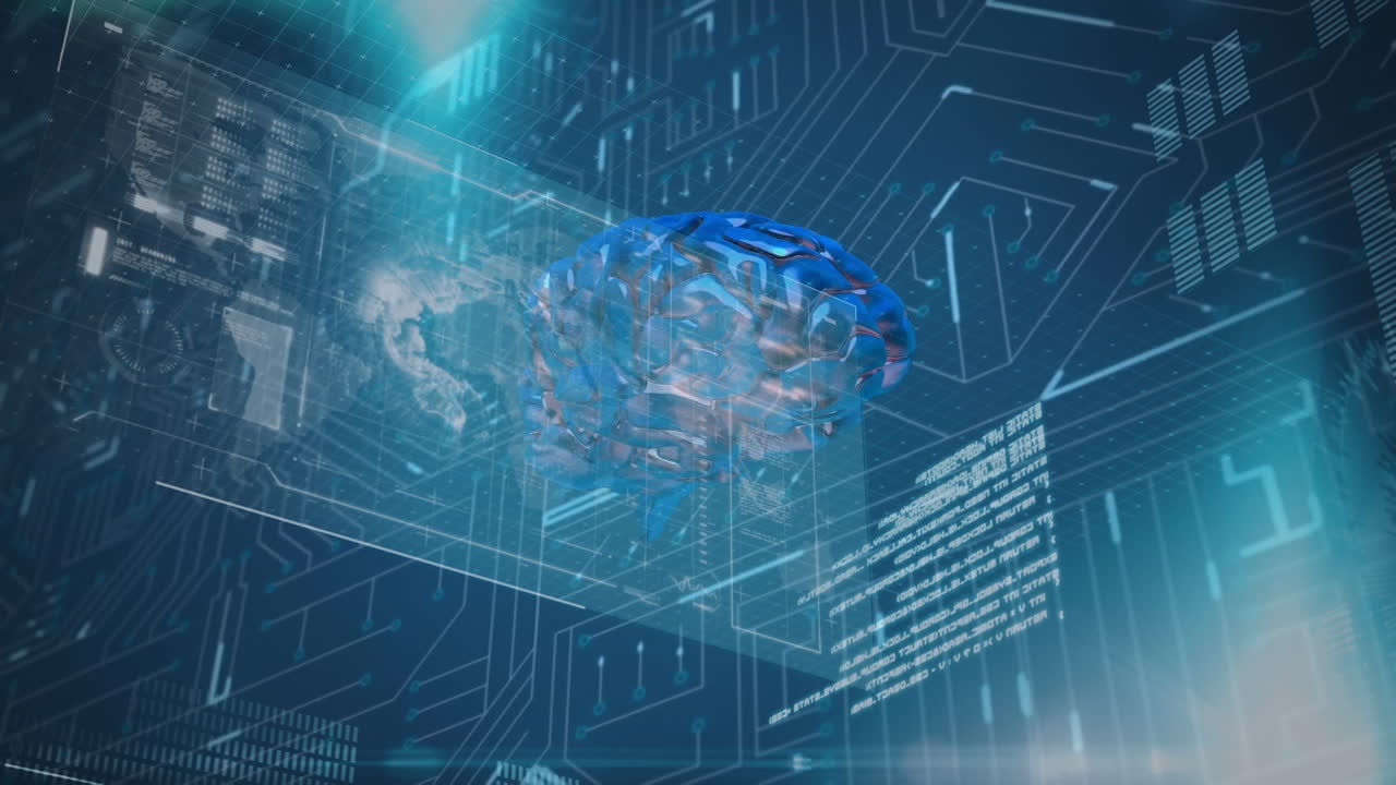 데이터, 두뇌 및 집적 회로와 함께 디지털 화면의 애니메이션