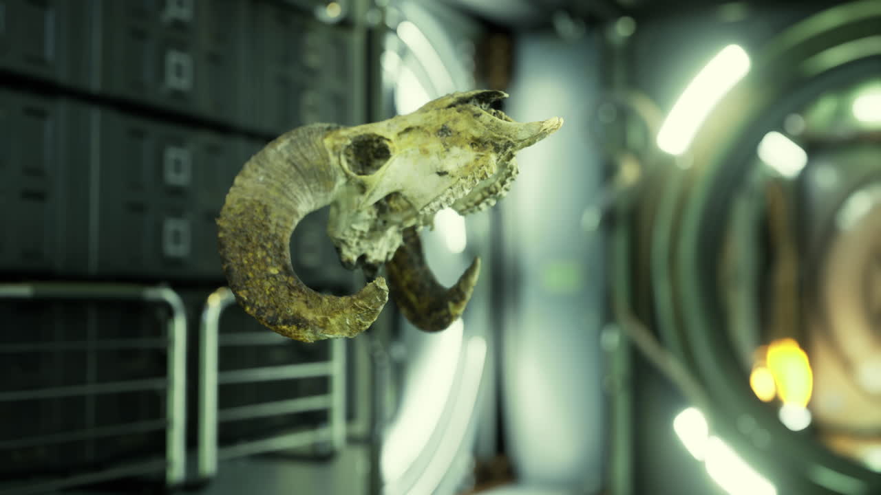 Intriguing ram skull displayed within a contemporary exhibition space