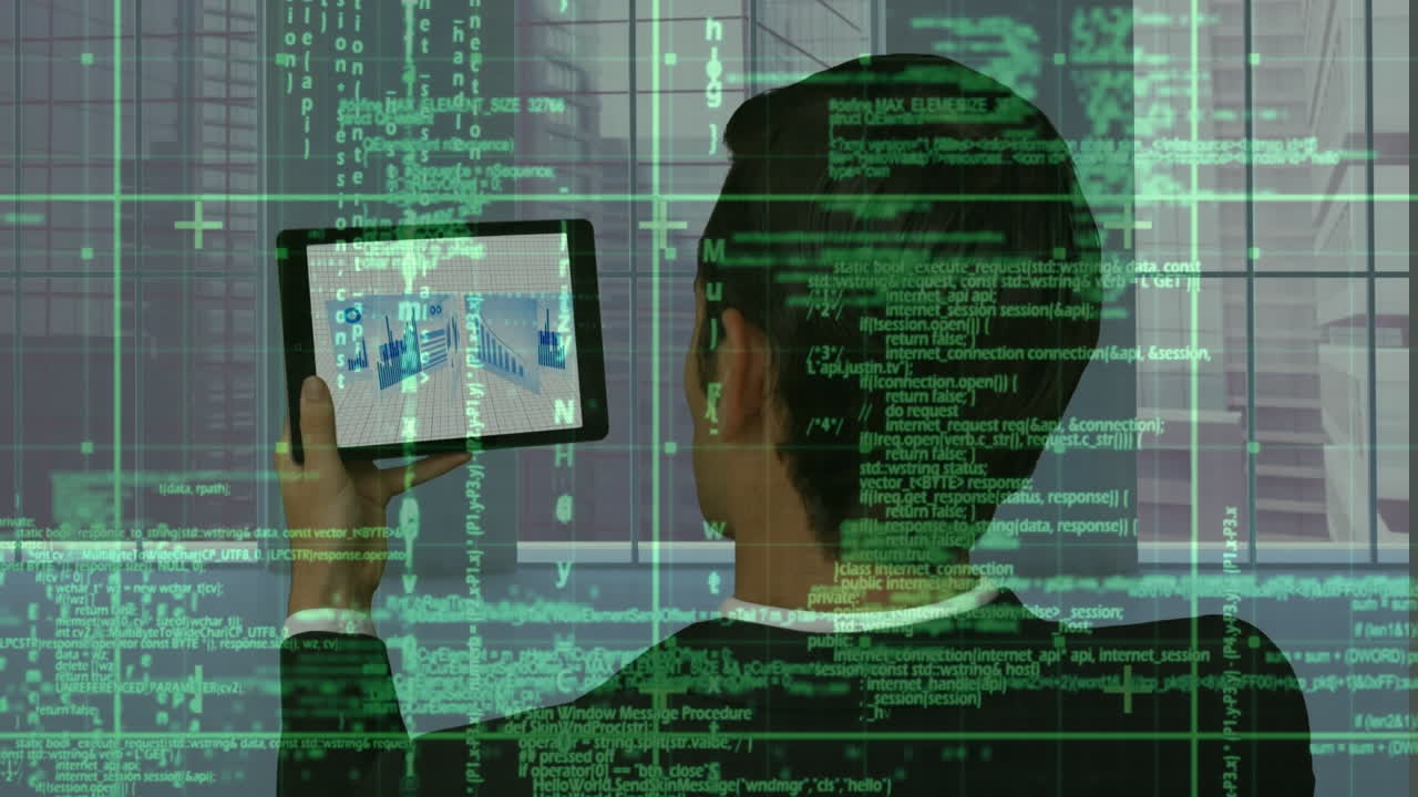 animación del procesamiento de datos sobre un hombre de negocios que usa una tableta