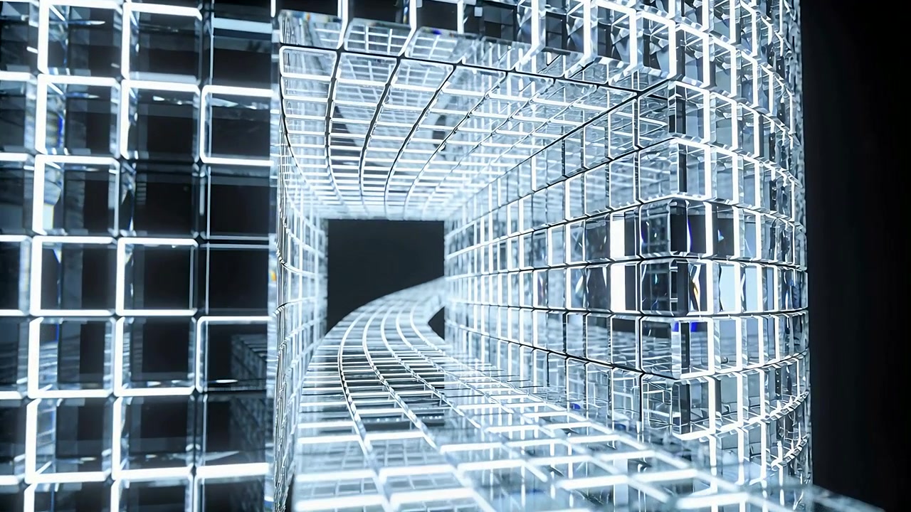 Advancing camera after viewer motion, revealing luminous tunnel in studio void, with glassy cubes