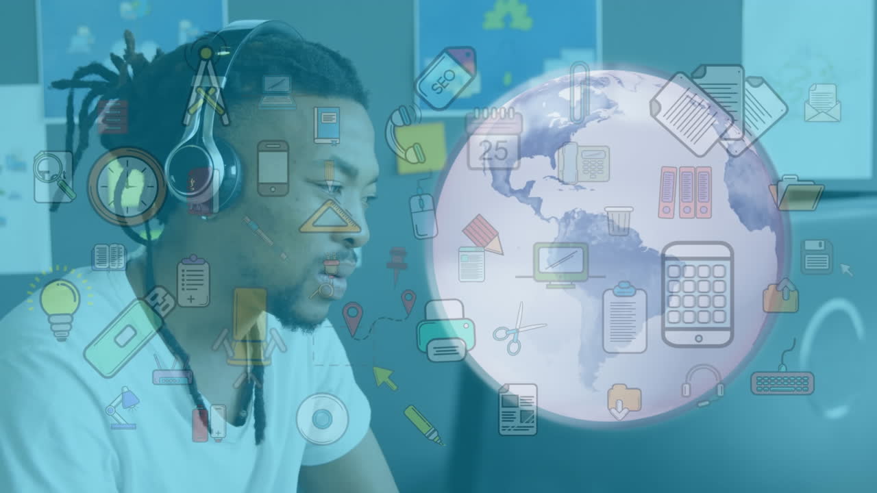 사무실에서 컴퓨터를 사용하는 사업가에 대한 연결 및 아이콘의 네트워크와 함께 지구촌의 애니메이션