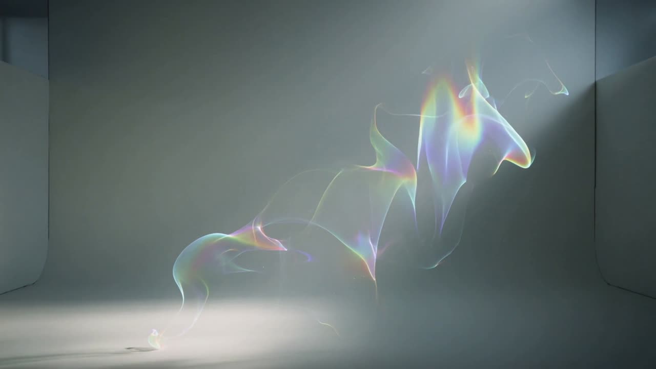 Rising iridescent ribbon veil emerging from floor light and billowing toward upper-right studio