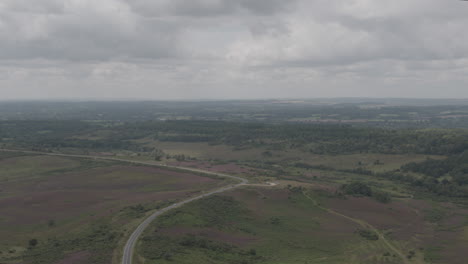 Drone-Aerial-Static-Shot-of-New-Forest-in-English-Countryside-Cloudy-Stormy-Weather