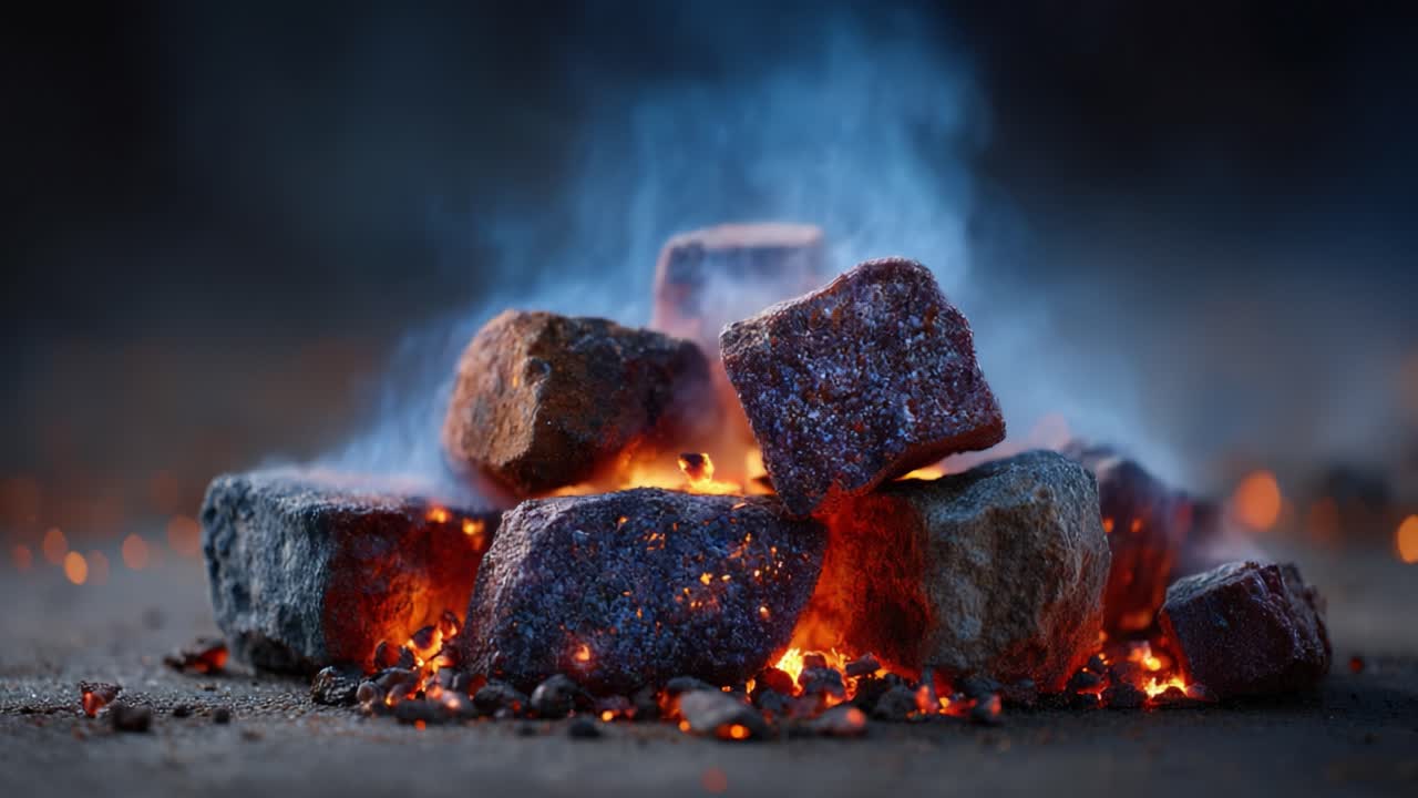 A Mesmerizing Display of Glowing Ember Rocks Surrounded by Dancing Flames, Capturing the Intense Heat and Beauty of a Smoldering Fire Pit