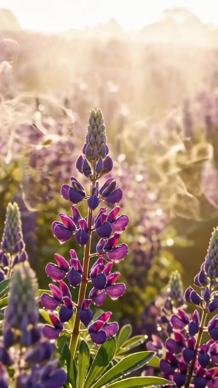 Un'alba mozzafiato su un vibrante campo di lupini, inondata dalla calda luce del sole, che mette in mostra la bellezza della natura e la tranquillità di un paesaggio in fiore.