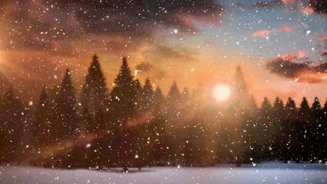 animation of snow falling over christmas winter scenery with trees