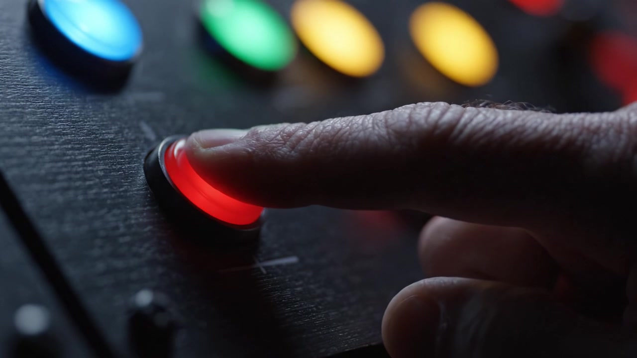 Close-up View of Colorful Control Buttons with Vibrant Lighting on a Dark Surface Highlighting the Intricacies of a Modern Interface in Action