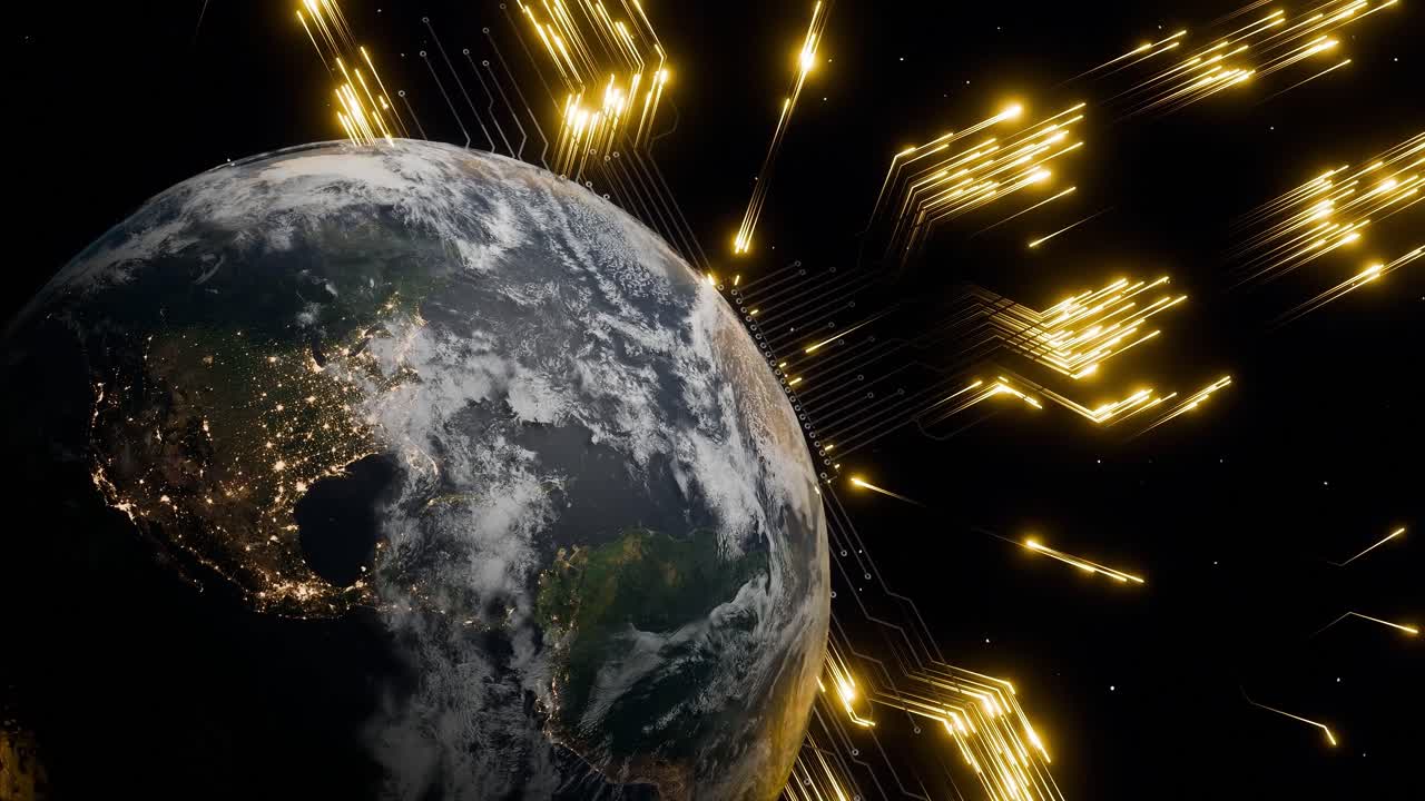 Planet Earth with visible North America at night and glowing golden digital arrows in outer space. 3D render representing global data transmission and digital connection network
