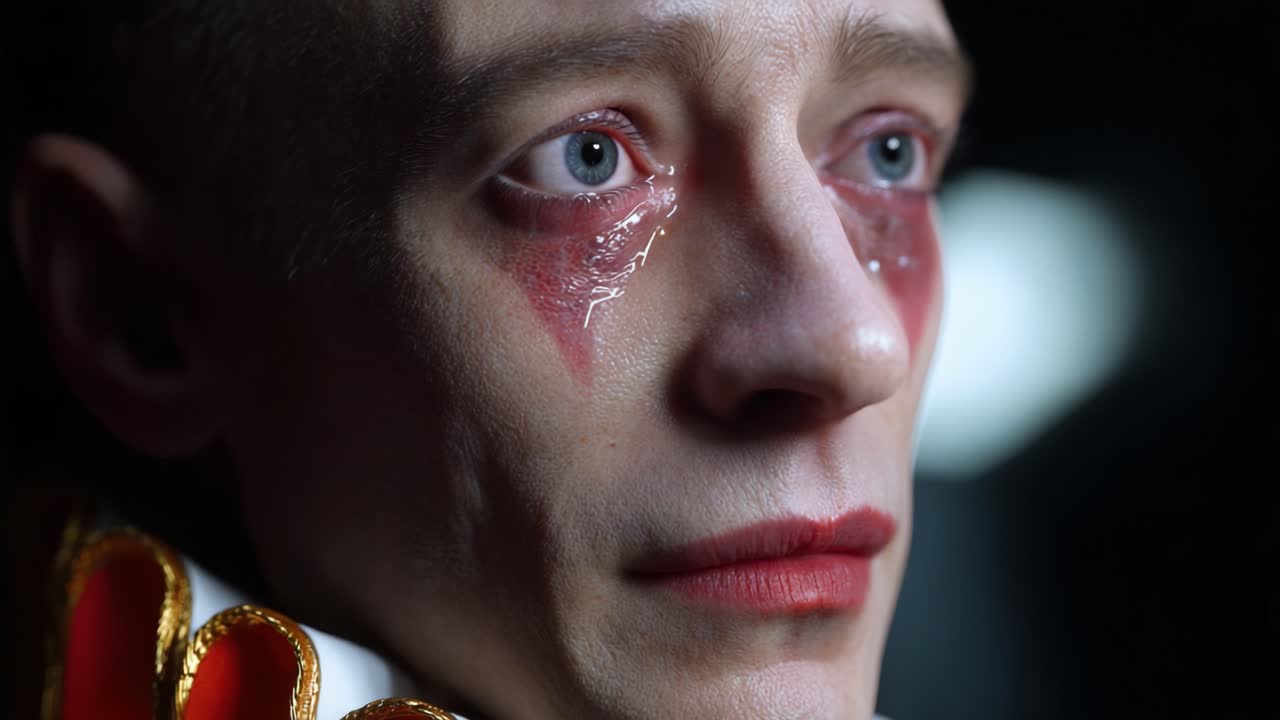 Emotional Expression Captured in a Dramatic Close-Up Portrait, Highlighting Unique Makeup and Piercing Eyes with a Touch of Melancholy and Artistic Flair