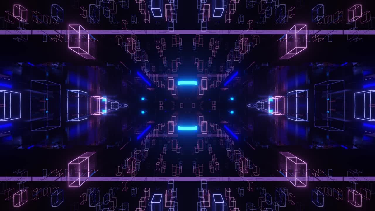 Fly through symmetrical tunnel with neon glow 3d objects, sci fi glow pattern. Bright reflection neon light. Simple bright background, sci fi structure. 4k seamless looped animation