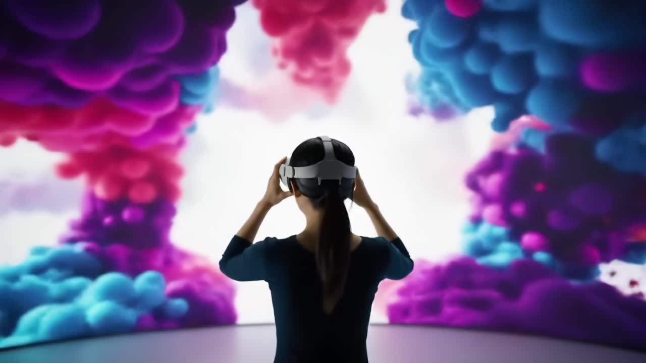 Immersive Virtual Reality Experience: A User Engaged in Stunning Visuals Through a VR Headset Against a Dynamic Colorful Background