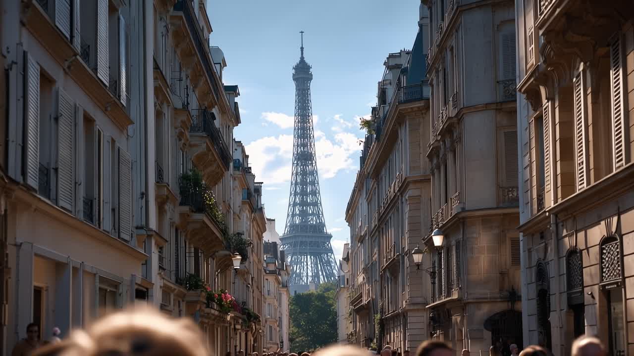 Sunlight glints off historic Parisian buildings. Eiffel Tower looms tall at street's end. Crowds stroll through lively, sun-drenched avenue. People seem relaxed, enjoying the day's warmth