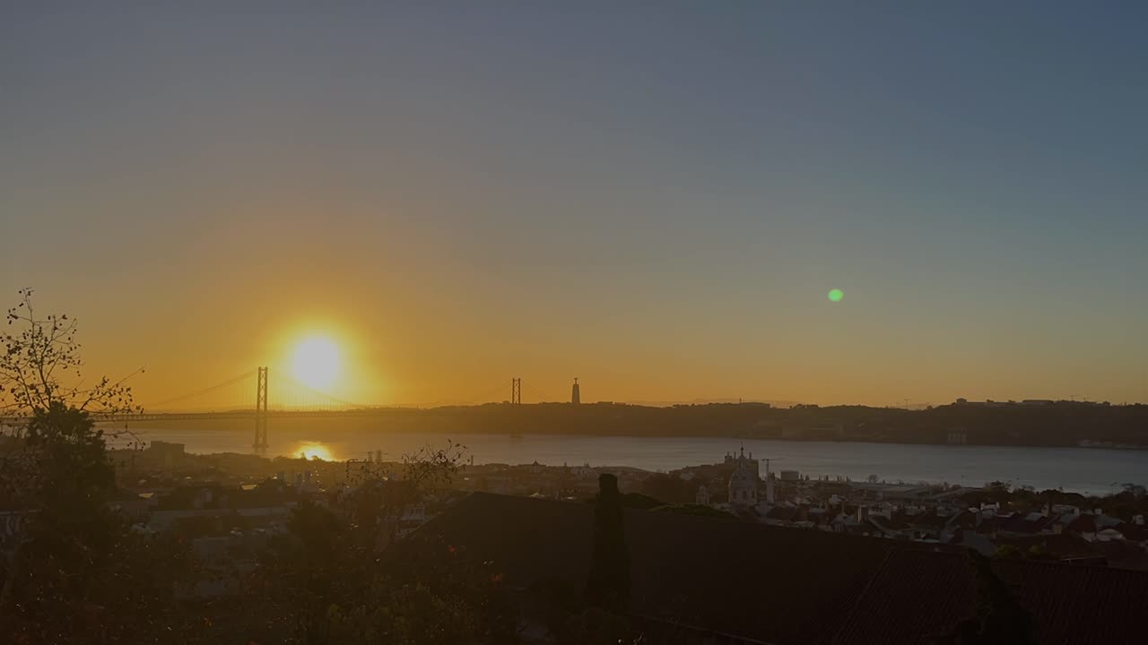 Timelapse scenic sunrise view over bridge and city skyline, with warm morning colors, stunning landscape view