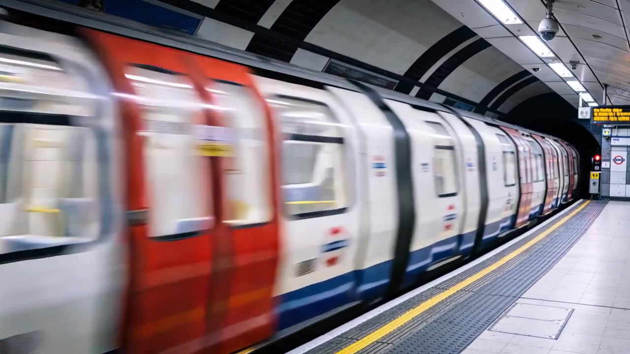 Vagoni del treno della metropolitana che entrano da sinistra scorrendo lungo la banchina verso il tunnel, mostrando la linea gialla.