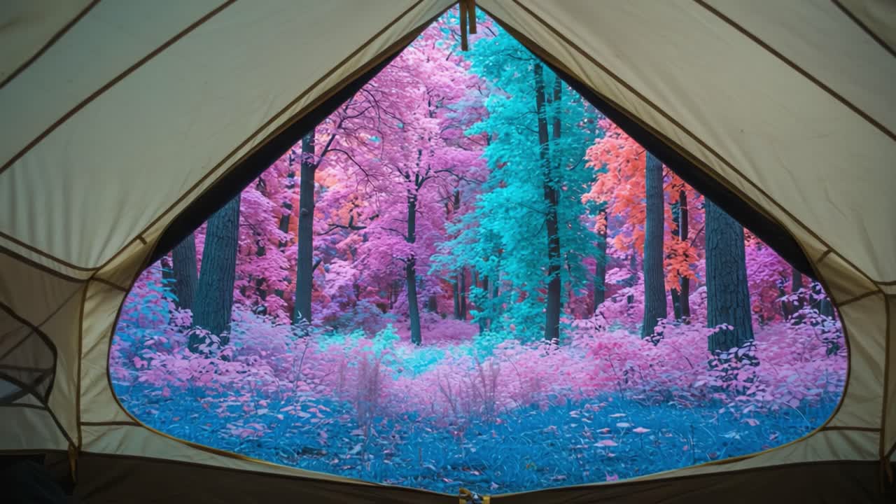 A Vibrant View of Enchanted Forest Through a Tent: Exploring Nature's Colorful Palette and Tranquility from Inside a Cozy Shelter