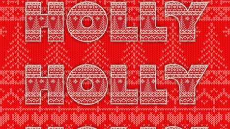 Animation-of-holly-text-in-repetition-at-christmas-on-red-background