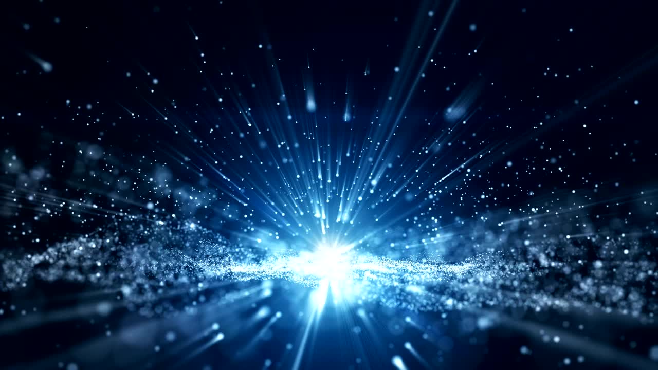 Seamless loop, blue background, digital signature with wave particles, sparkle, veil and space with depth of field. The particles are white light lines.