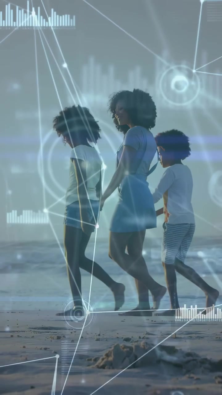 Woman and two kids entering right edge, walking shore for sunset, tech HUD aligning group charts