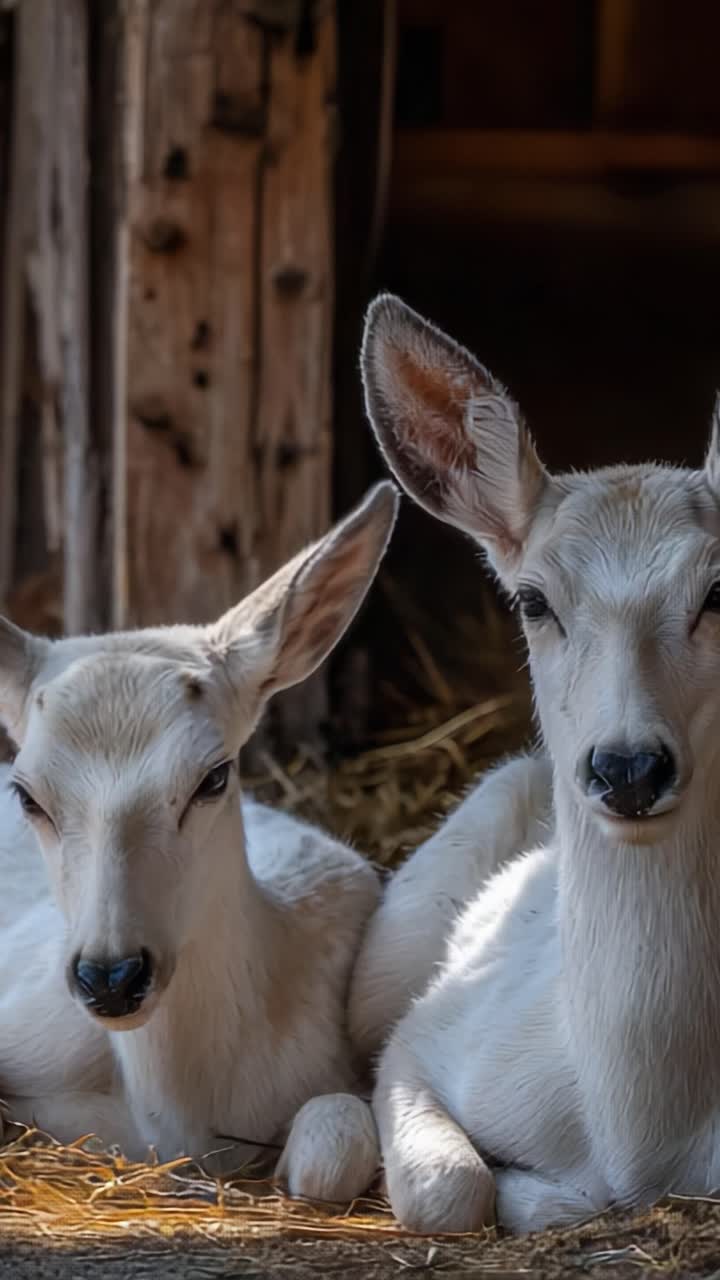 Tranquillo cervo bianco che riposa insieme nel suo habitat accogliente, mettendo in mostra la sua natura gentile e la sua presenza aggraziata in un ambiente naturale