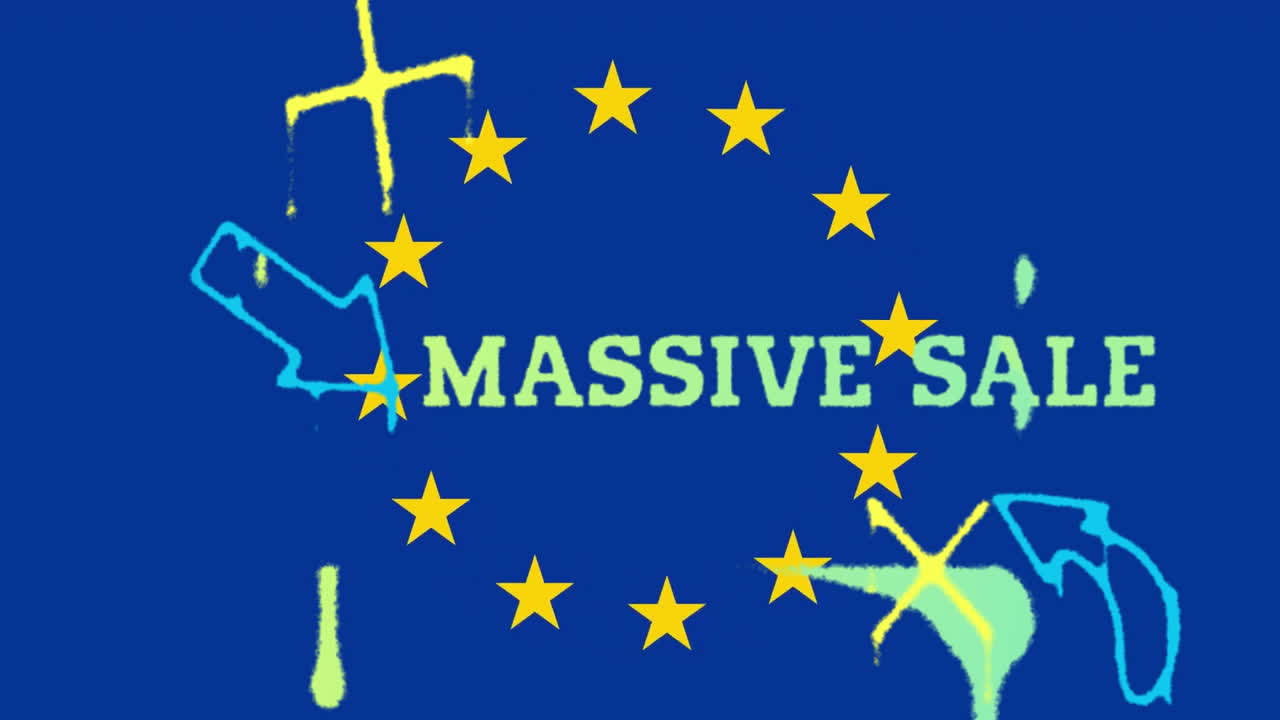 Yellow stars and abstract shapes surrounding massive sale text in animation