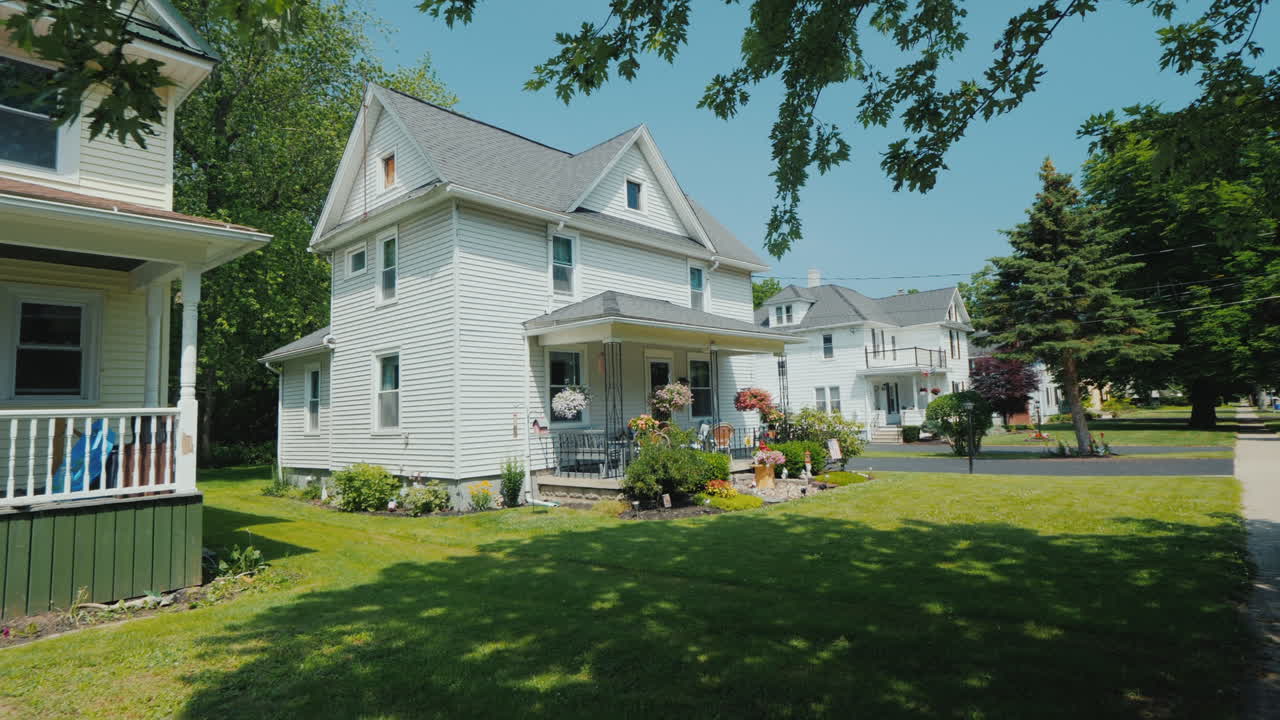 Walk Along The Pedestrian Walkway Along Typical American Houses In The Suburbs