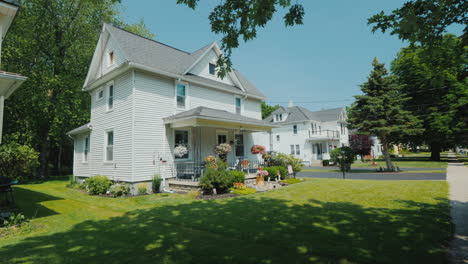 Walk-Along-The-Pedestrian-Walkway-Along-Typical-American-Houses-In-The-Suburbs