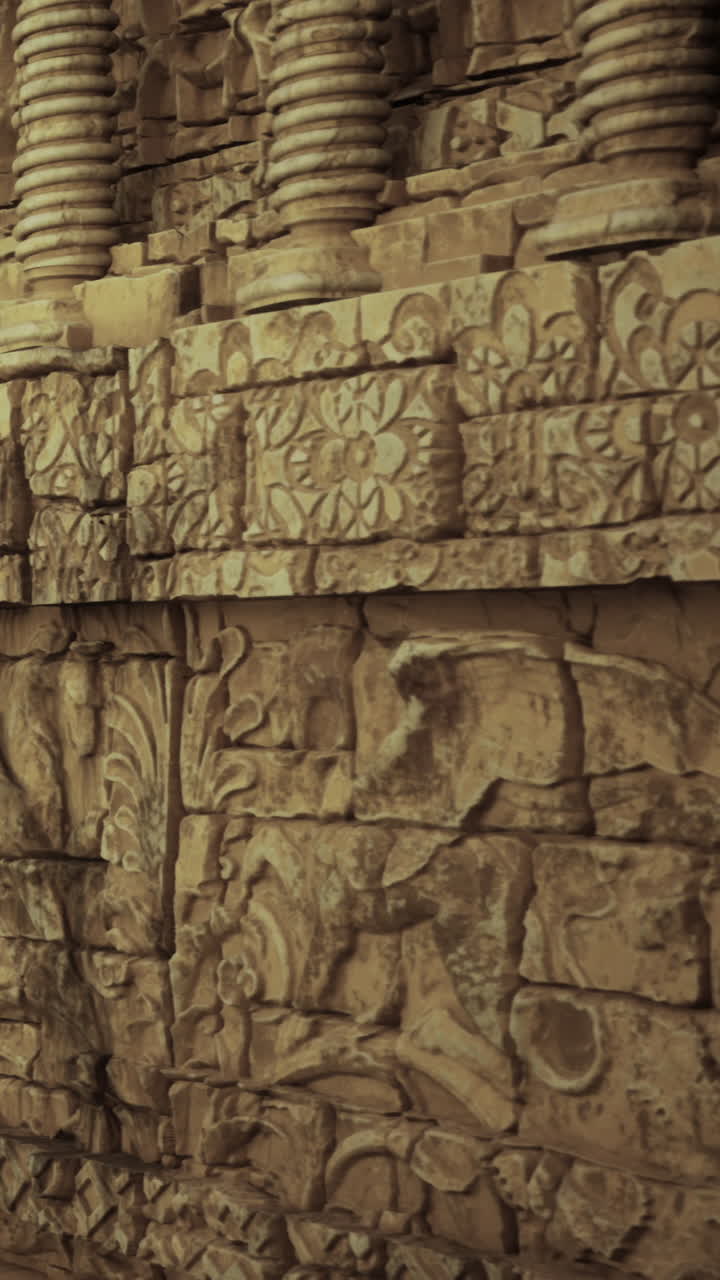 Antiche incisioni su muro di pietra mostrano opere d'arte dettagliate di epoca storica.