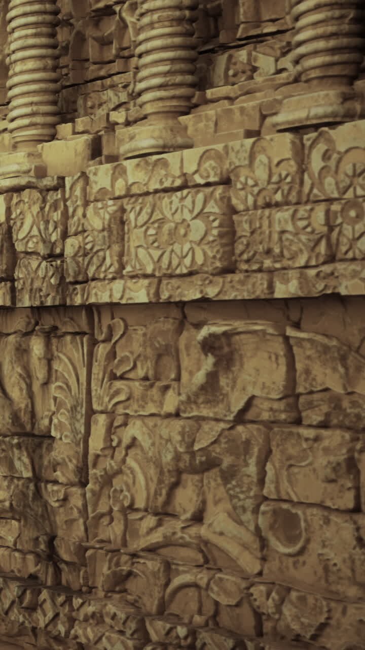 Antiche incisioni su muro di pietra mostrano opere d'arte dettagliate di epoca storica.