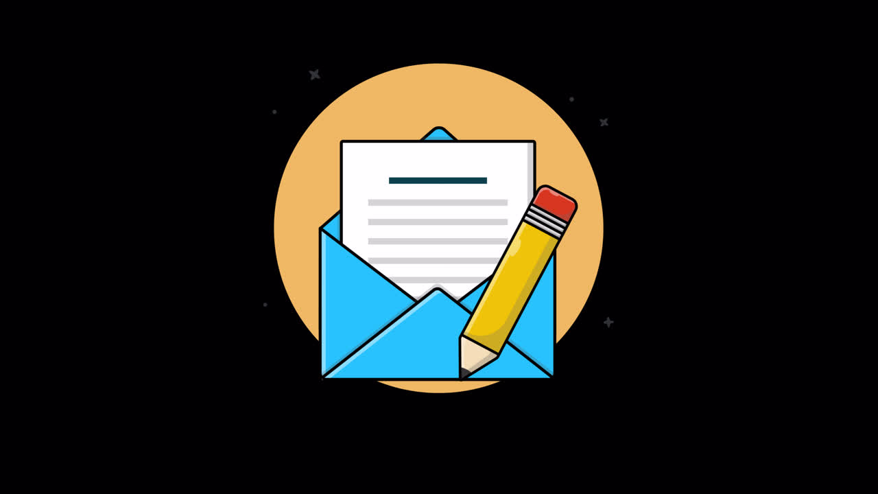 Animierter offener Briefumschlag mit Brief und Bleistift
