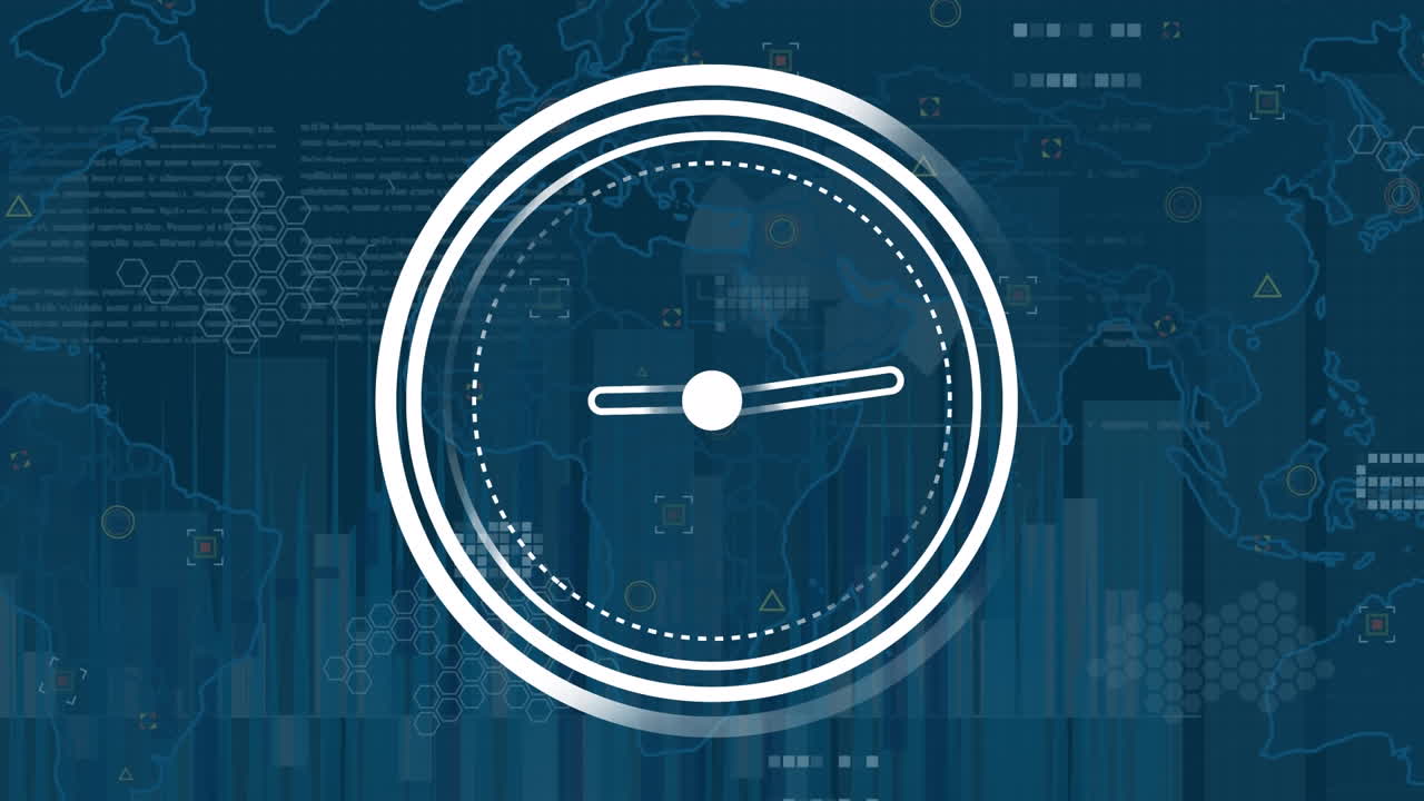 Animation of ticking clock over statistical data processing and world map against blue background
