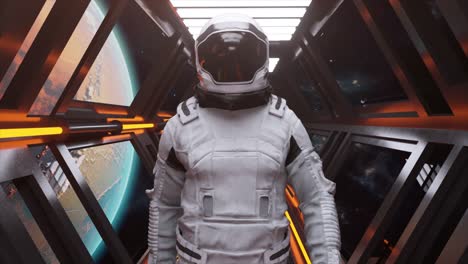 astronaut in a futuristic spaceship corridor