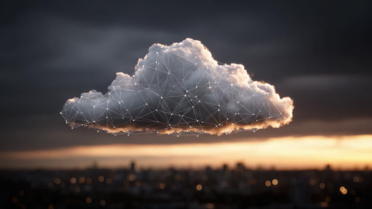 A Majestic Cloud Unveiling Its Digital Web: A Stunning Fusion of Nature and Technology Against a Dramatic Sunset Backdrop