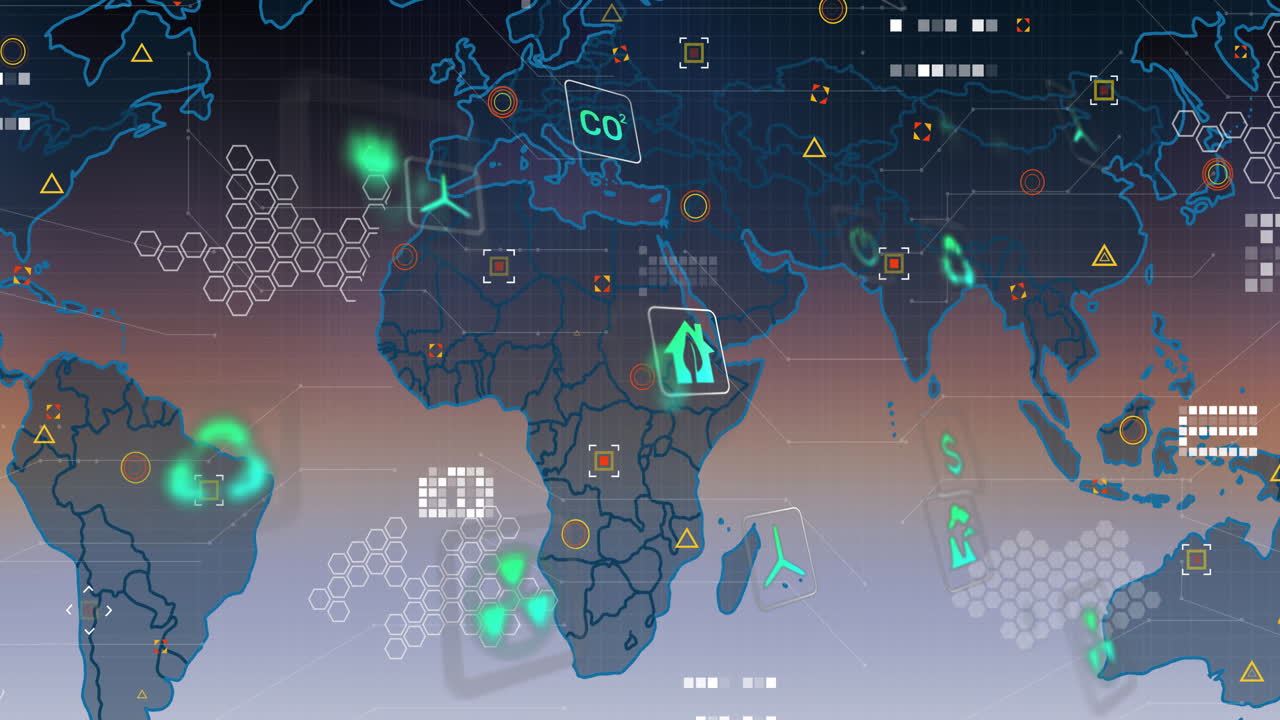 Digital map of Africa with environmental icons and data animations