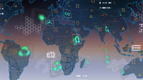 Digital map of Africa with environmental icons and data animations