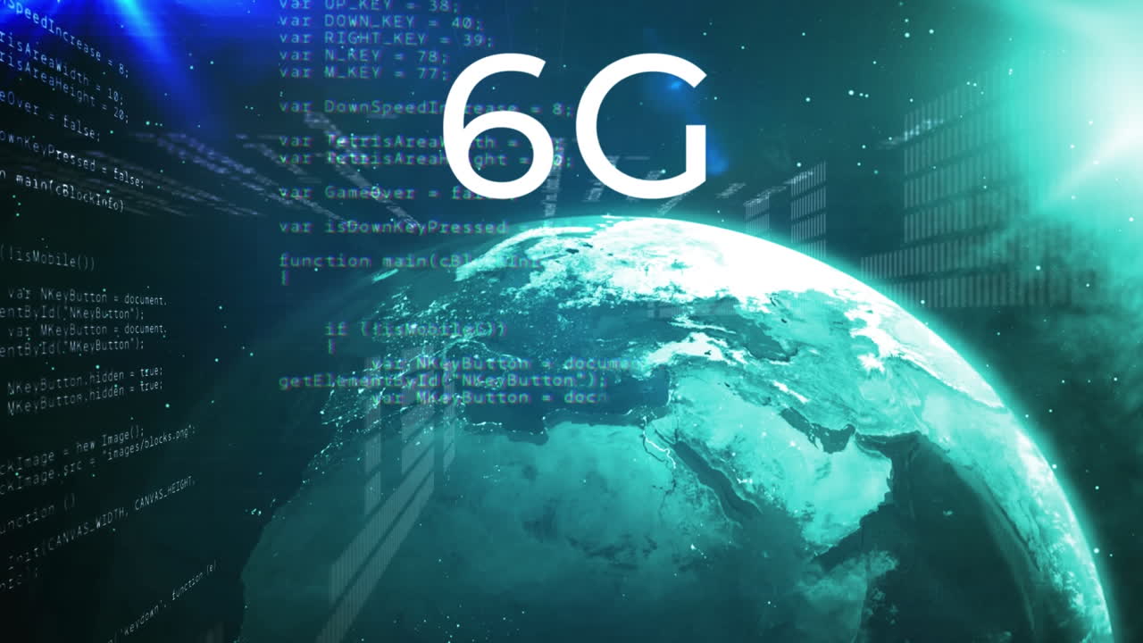 Animazione di testo 6G su globo ed elaborazione dati su sfondo blu