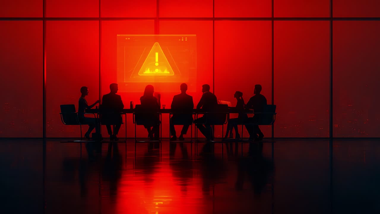 A tense meeting unfolds in a dimly lit room, with silhouettes gathered around a table, as a critical alert is displayed on a screen, signaling potential danger and urgency