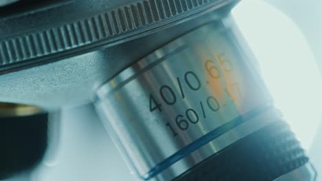 Macro View of Objective Lens of Microscope in Laboratory