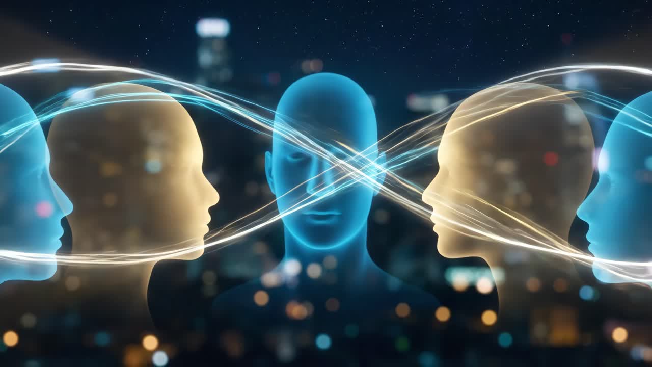 Digital Network of Human Heads with Flowing Light Connections