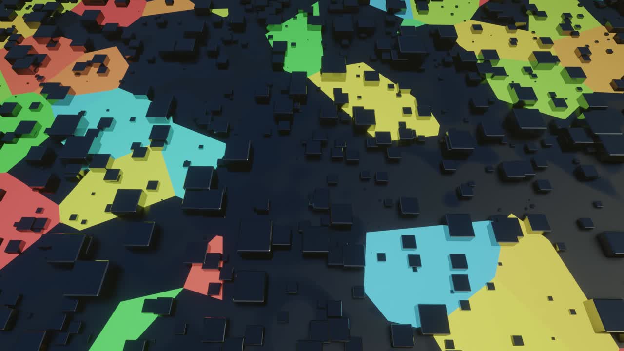 animación en bucle 4k. vuelo sobre patrón de alta tecnología en superficie plana, brillo de neón, elementos y estructura complejos. objetos 3d forman superficie de ciencia ficción patrón 3d. tecnología de la información, hardware futurista