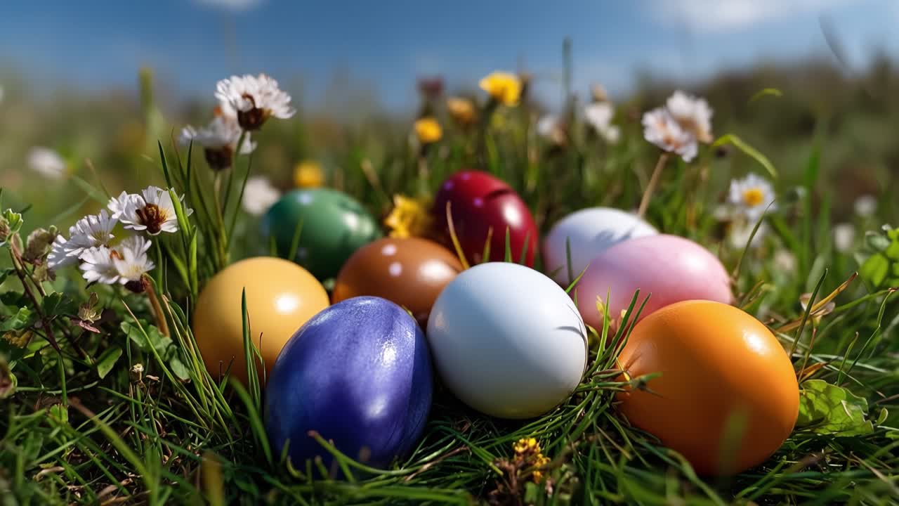 Colorful eggs rest in grassy field. Wildflowers dot the green, sunlit area. Bright sky frames the cheerful scene. No people are present. Perfect for spring, Easter, or nature themes