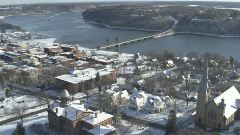 Aerial-Establishing-Shot-of-Stillwater-Minnesota-During-Winter