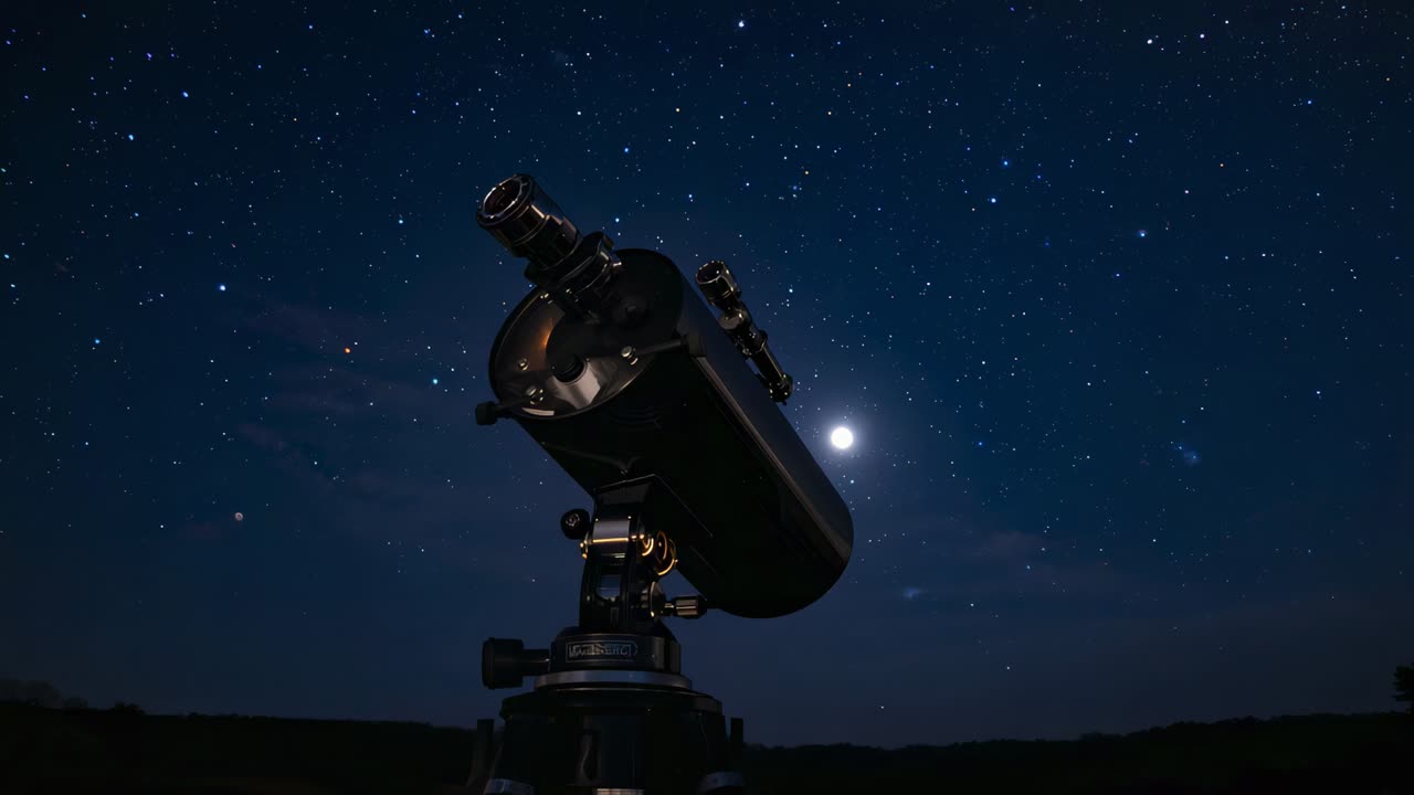 Recording telescope tube on mount holding steady as night falls, for observing Moon halo and stars