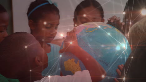 network of connections over diverse students learning geography using a globe at elementary school