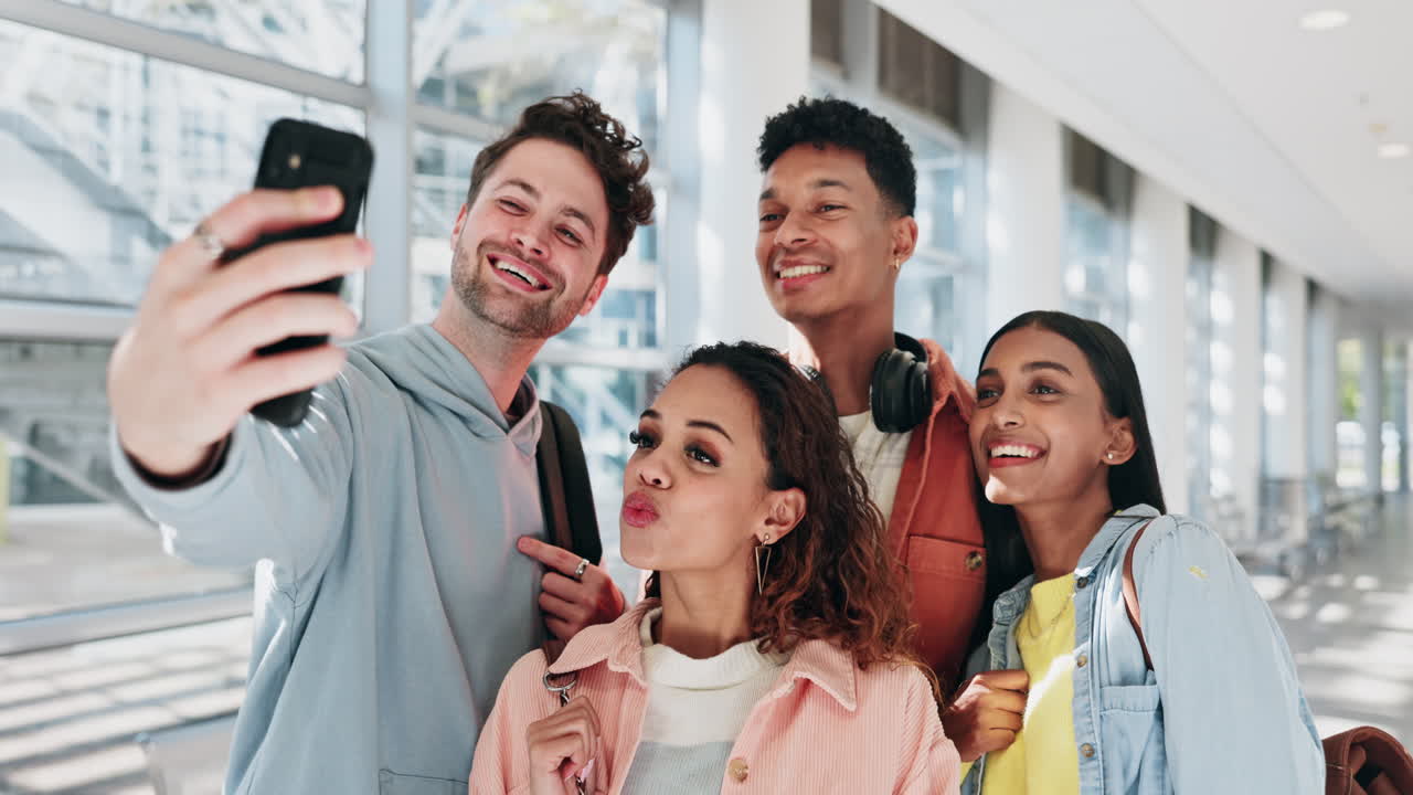 gracioso, selfie y amigos estudiantes en el campus